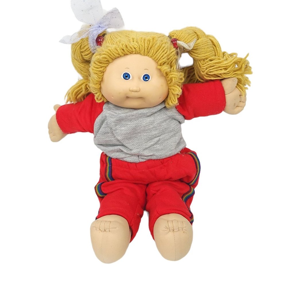 Vintage 1985 Cabbage Patch Kid Doll 15" Dimples Blonde Pigtails Tracksuit Coleco